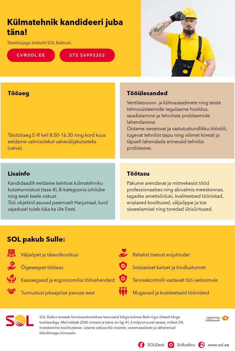 SOL Baltics OÜ Külmatehnik kandideeri juba täna!