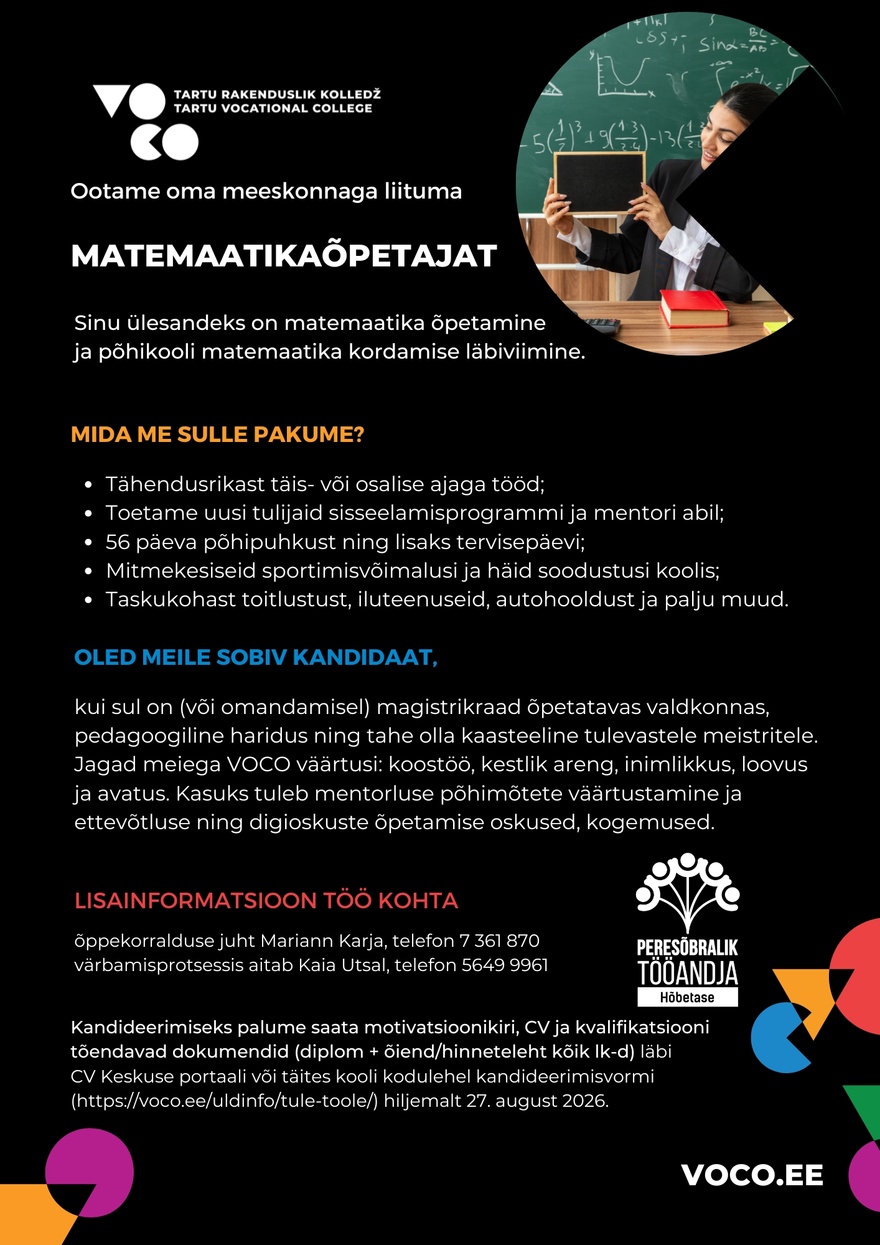 Tartu Rakenduslik Kolledž Matemaatikaõpetaja
