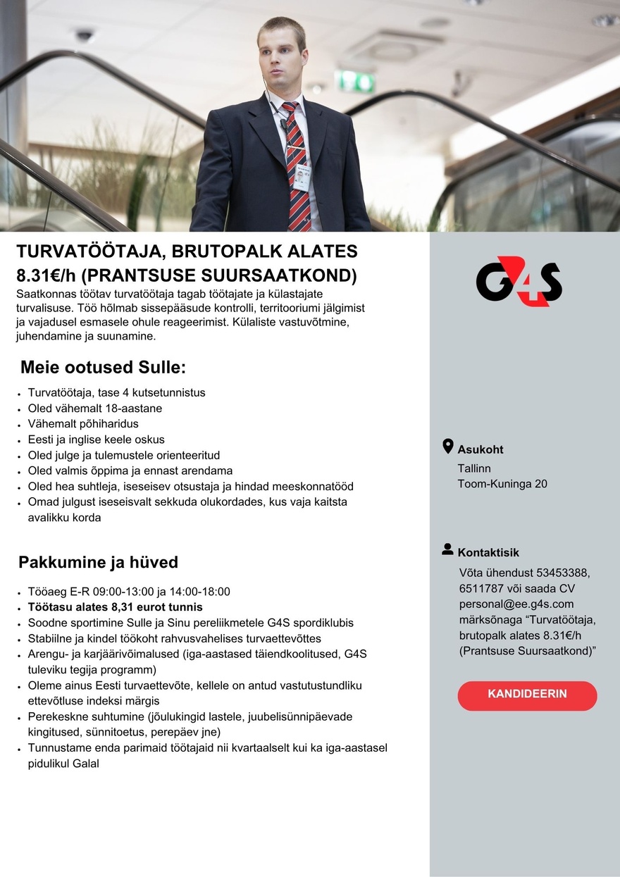 AS G4S Eesti Turvatöötaja, brutopalk alates 8.31€/h (Prantsuse Suursaatkond)