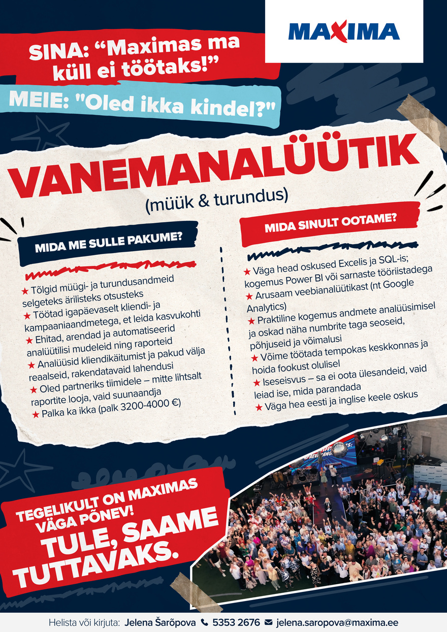 Maxima Eesti OÜ Vanemanalüütik (müük&turundus)
