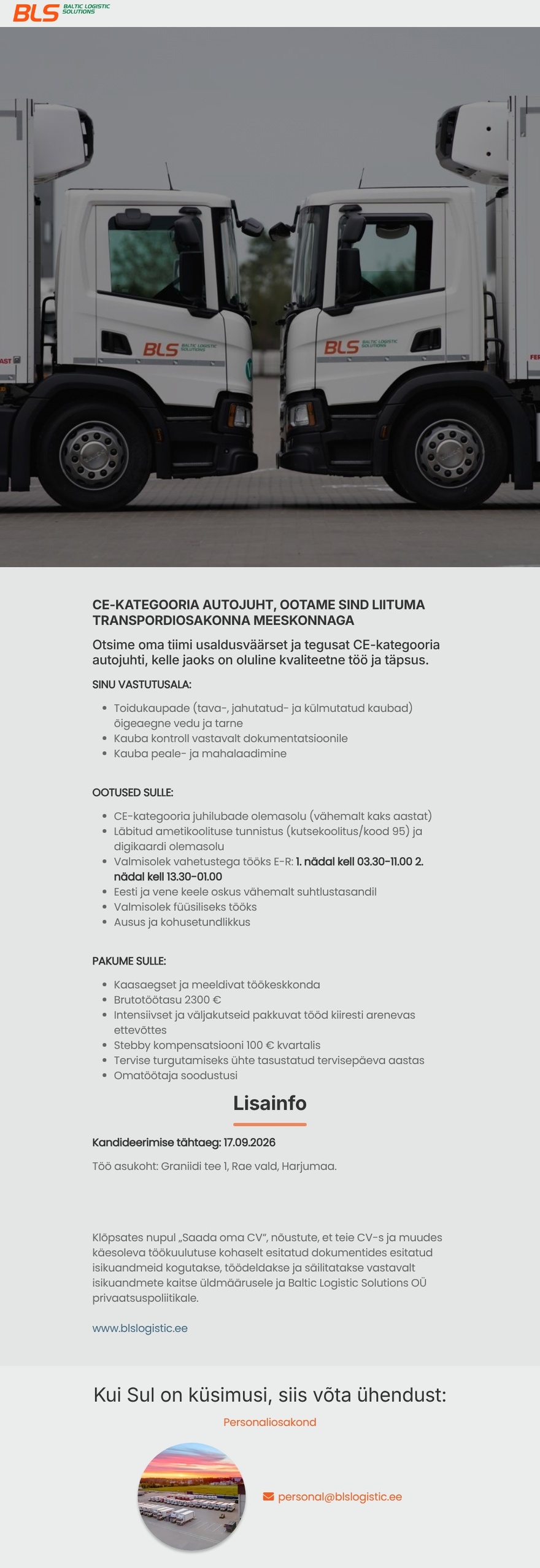 Baltic Logistic Solutions OÜ CE-kategooria autojuht