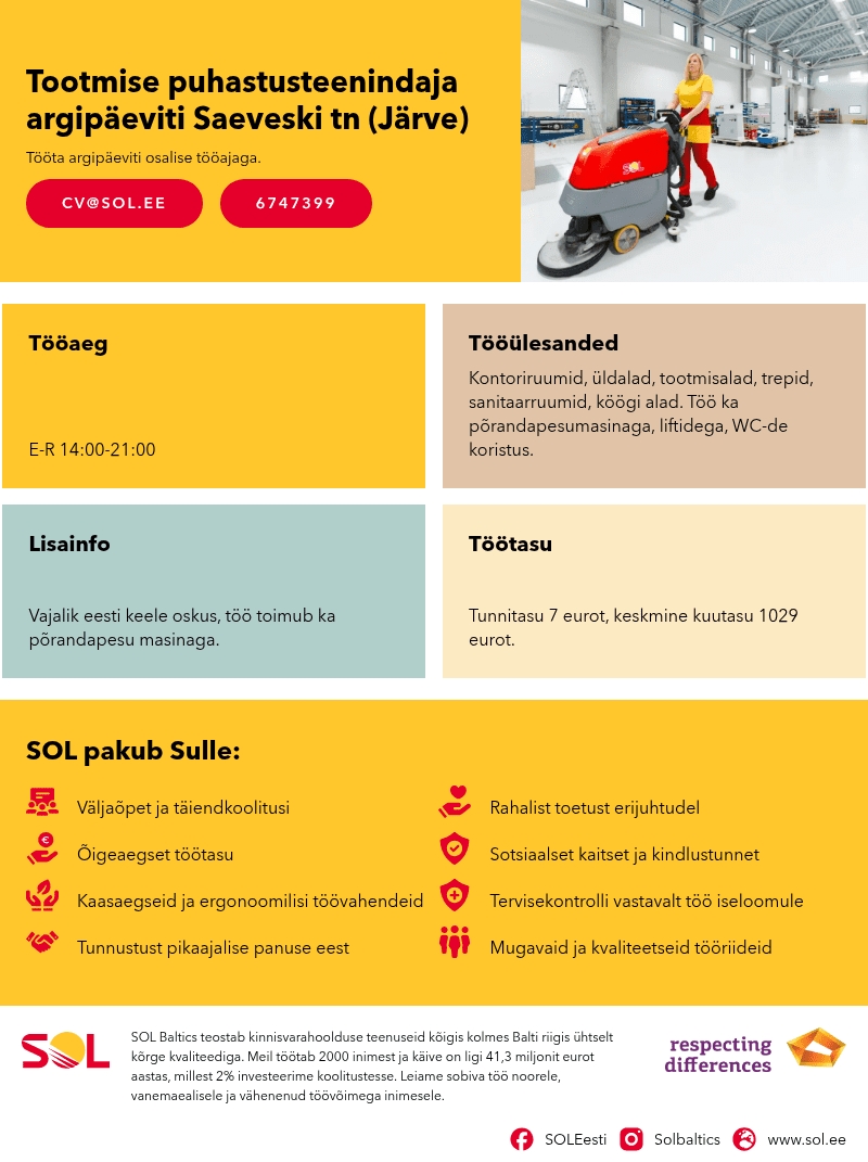 SOL Baltics OÜ Tootmise puhastusteenindaja argipäeviti Saeveski tn (Järve)