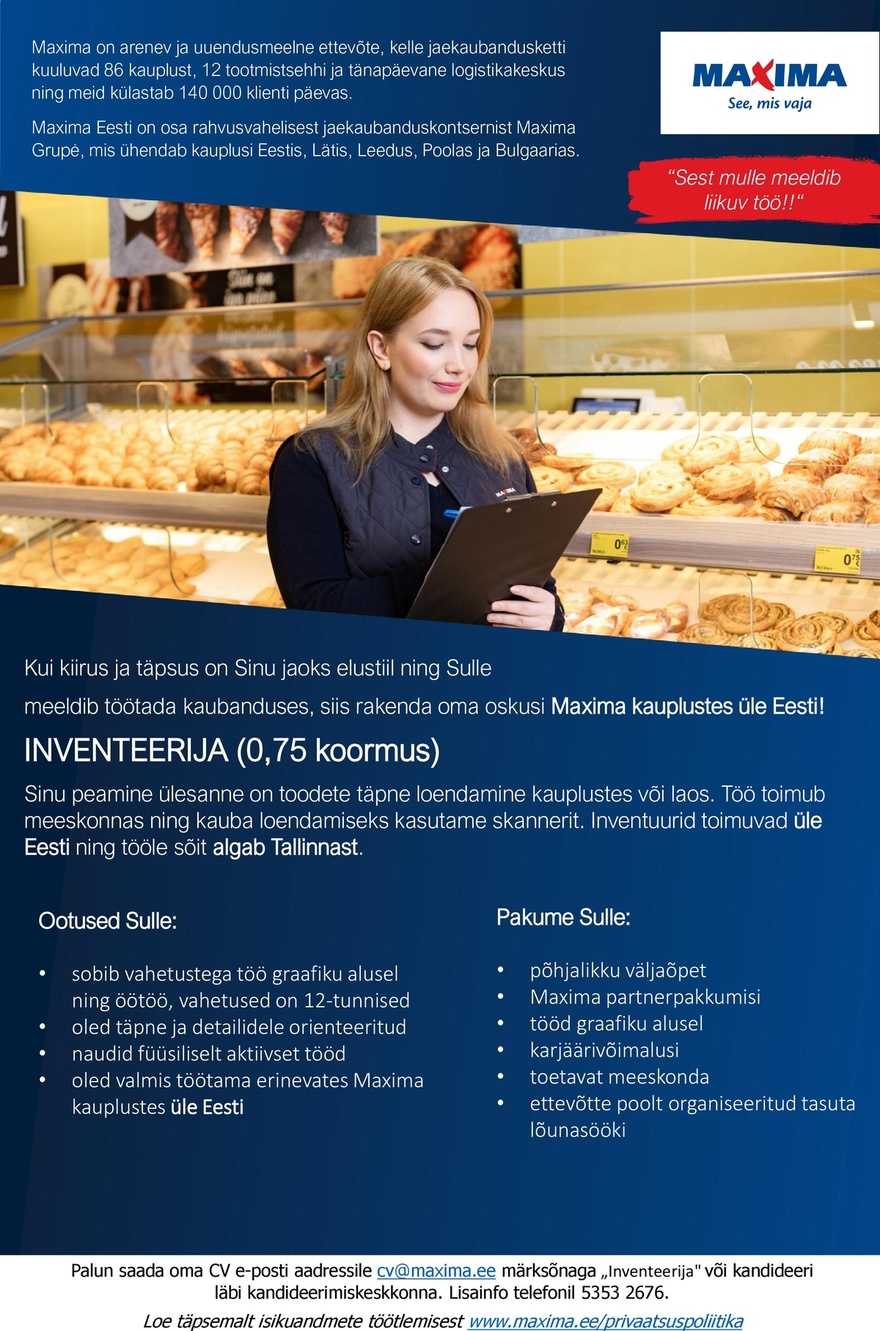 Maxima Eesti OÜ Inventeerija - öised vahetused (0,75 töökoormus)