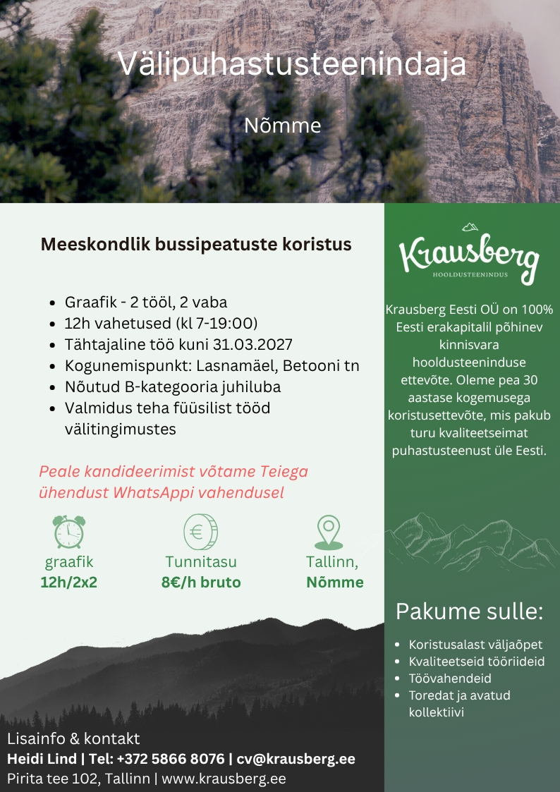 Krausberg Eesti OÜ Välipuhastusteenindaja meeskonnas, Nõmme, Lasnamäe (tähtajaline)