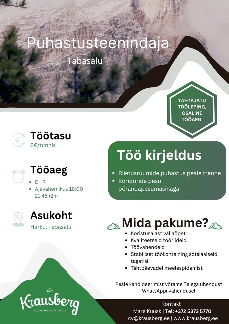 Krausberg Eesti OÜ Õhtune puhastusteenindaja-masinist Tabasalu (osaline tööaeg)