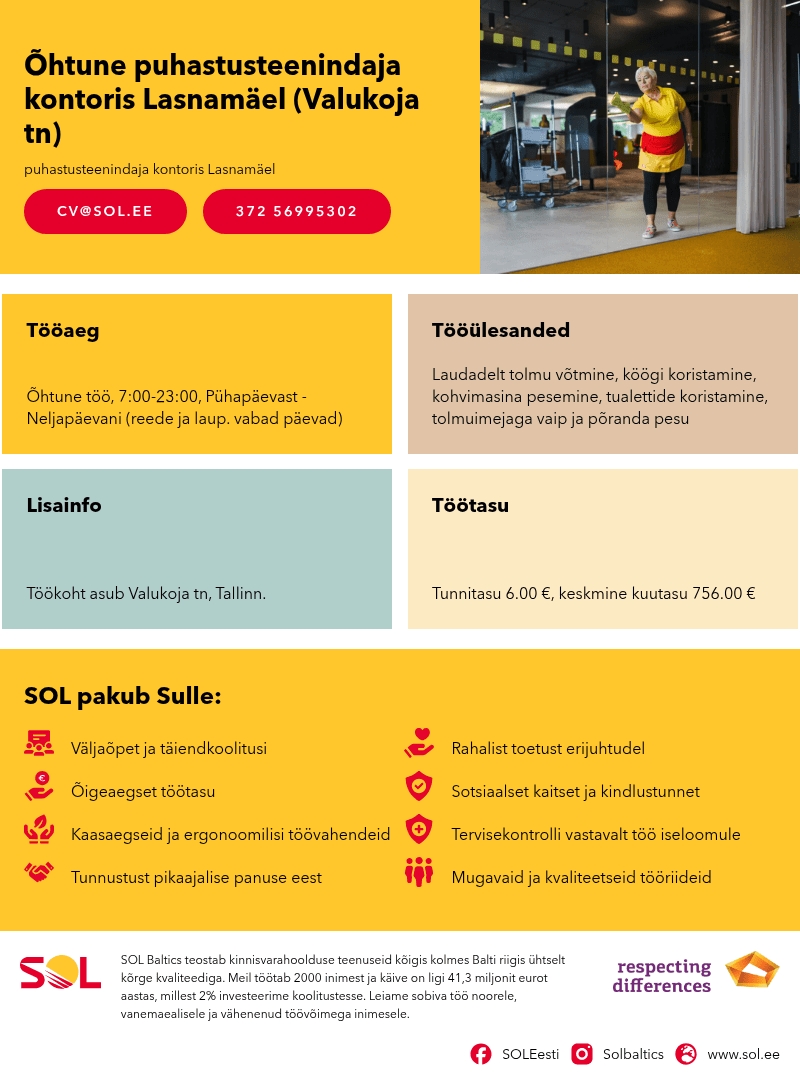 SOL Baltics OÜ Õhtune puhastusteenindaja kontoris Lasnamäel (Valukoja tn)