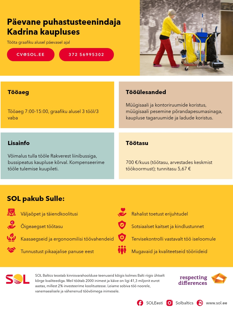 SOL Baltics OÜ Päevane puhastusteenindaja Kadrina kaupluses