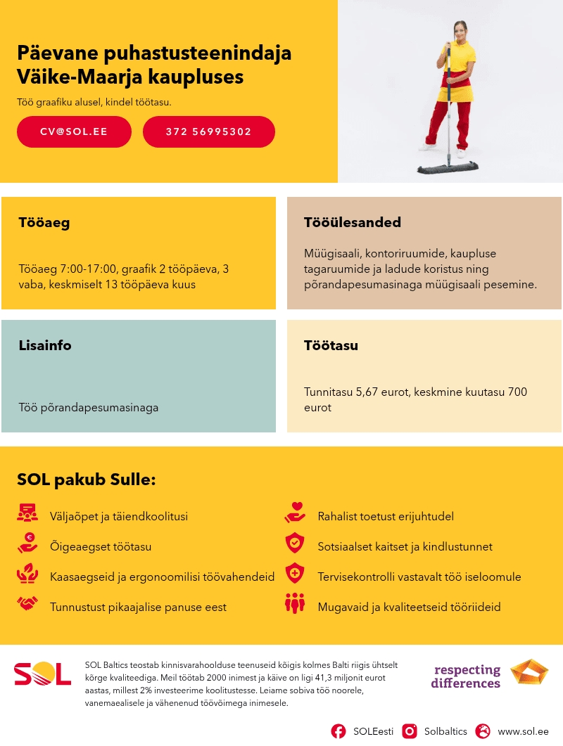 SOL Baltics OÜ Päevane puhastusteenindaja Väike-Maarja kaupluses
