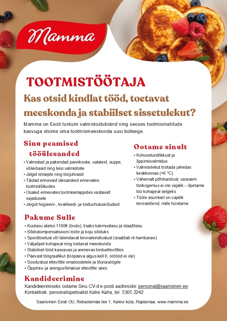 Saarioinen Eesti OÜ Tootmistööline