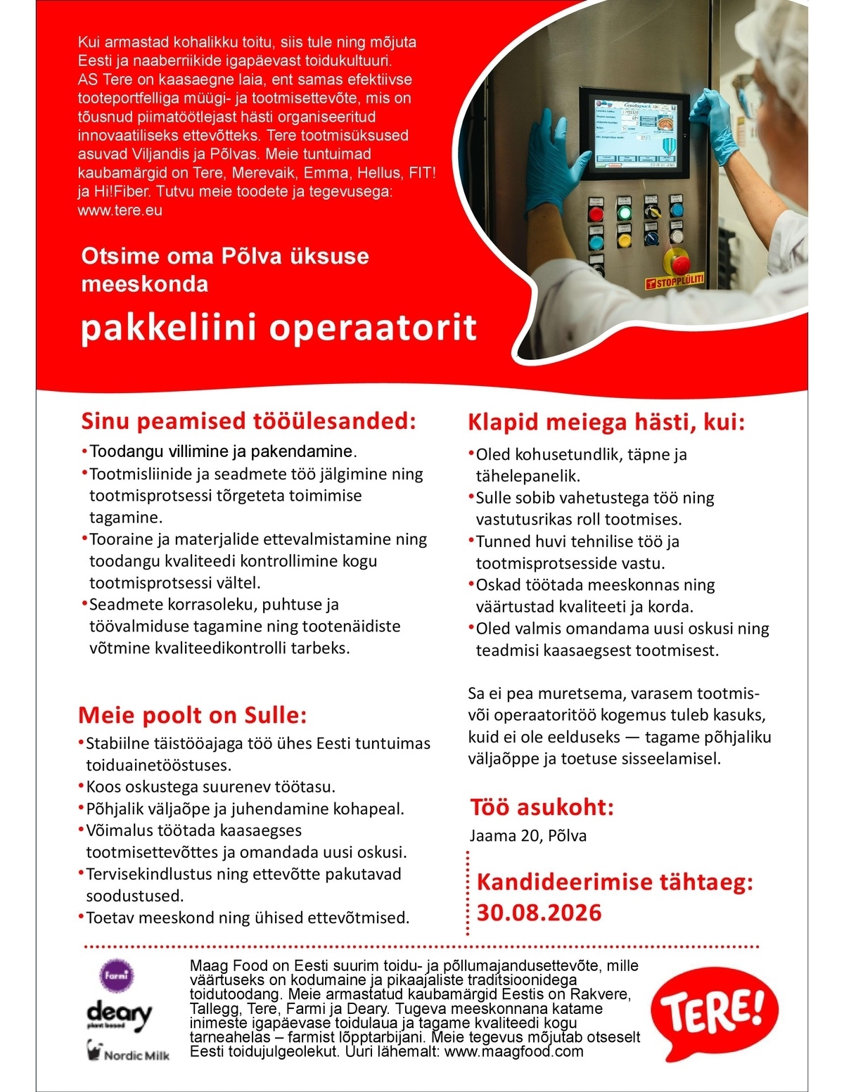 Tere AS Pakkeliini operaator Põlva üksusesse