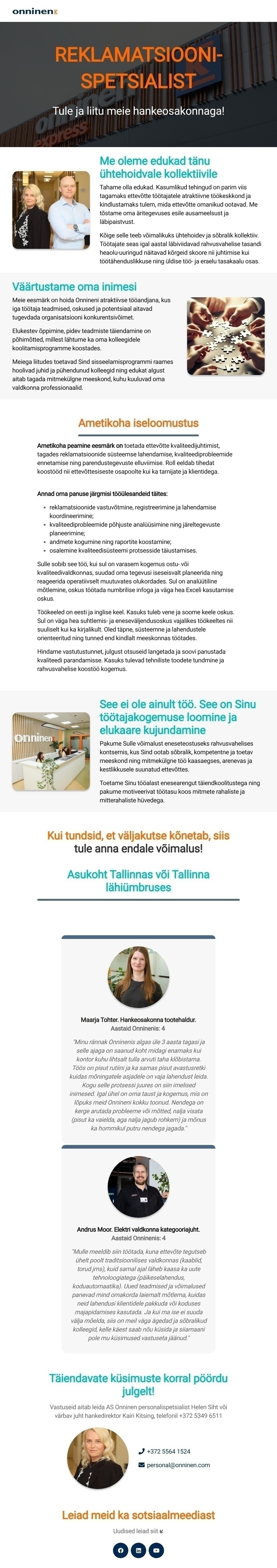 Onninen AS Reklamatsioonispetsialist