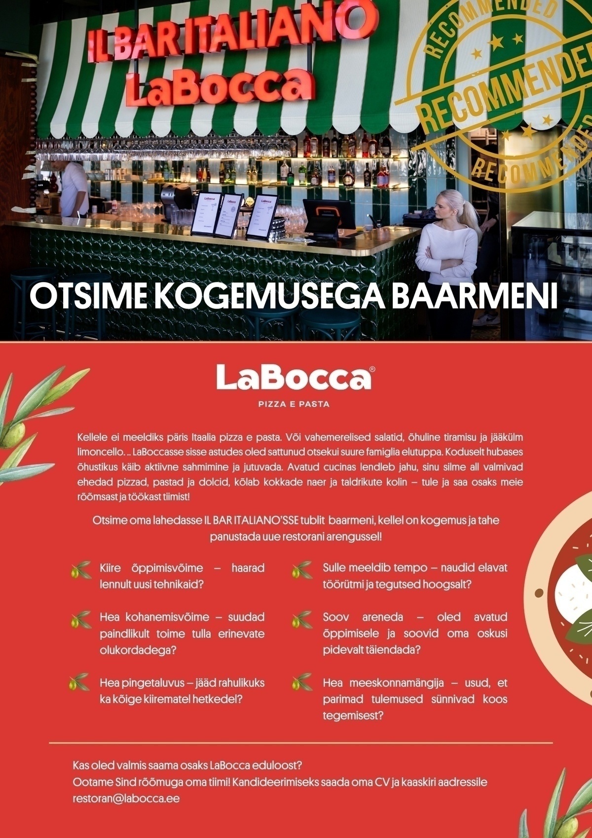 Labocca LaFamiglia OÜ Otsime oma lahedasse Itaalia restorani kogemusega BAARMANI!
