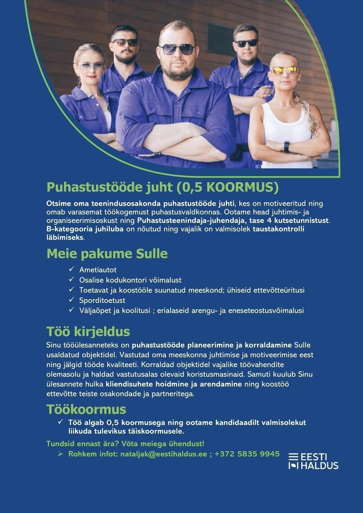 OÜ Eesti Haldus Puhastustööde juht (0,5 koormus)