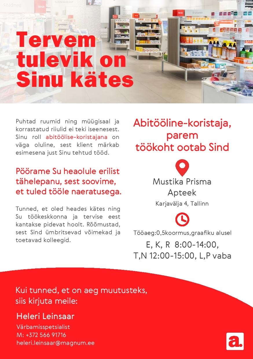 Apotheka Abitööline-koristaja Mustika Prisma Apotheka Apteeki