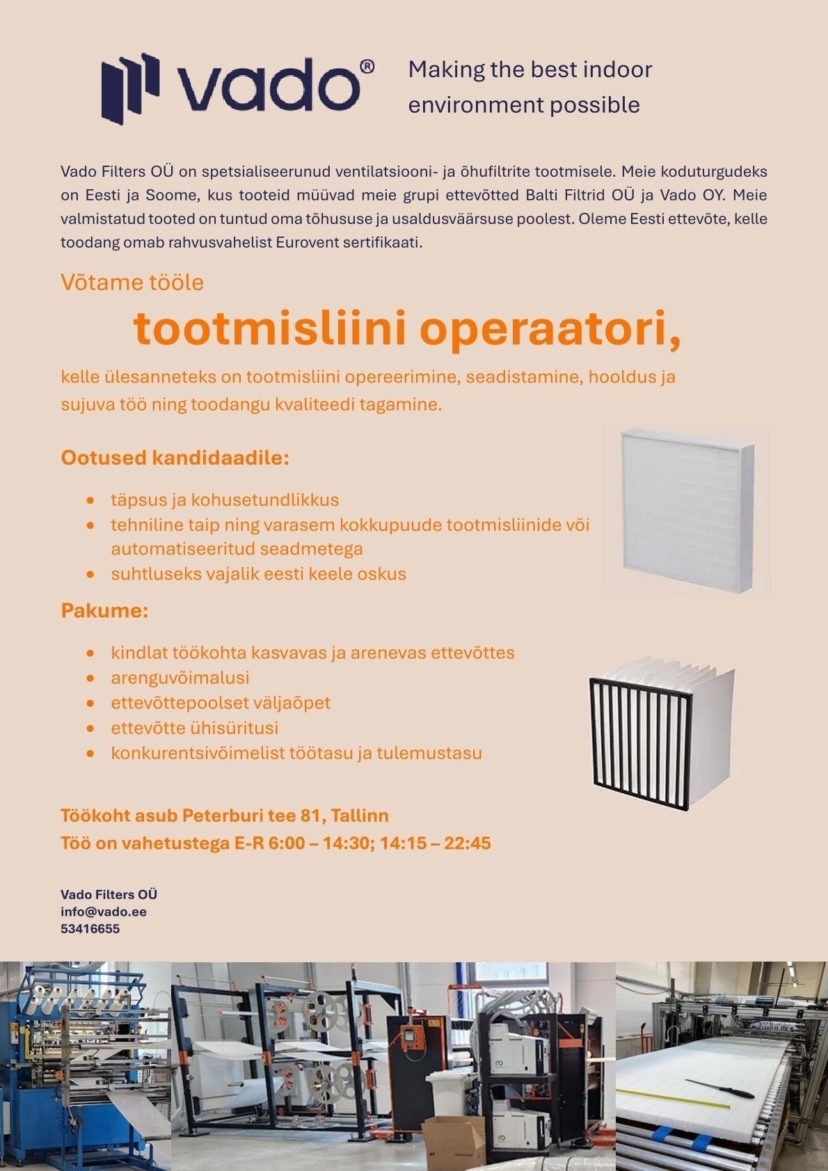 VADO FILTERS OÜ Tootmisliini operaator