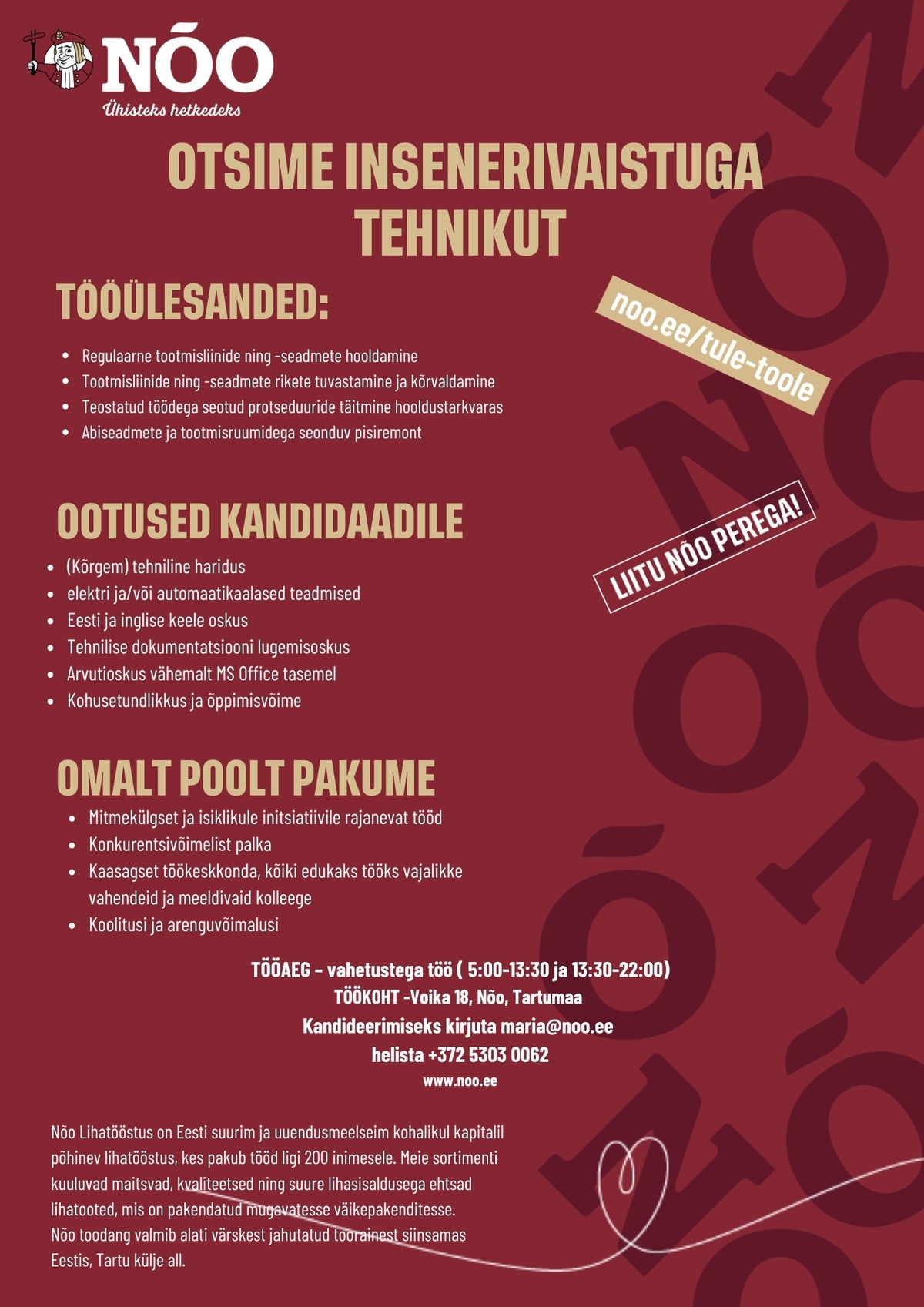 Nõo Lihatööstus OÜ Tehnik-mehaanik
