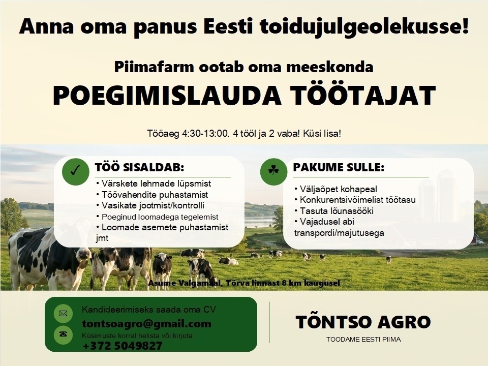 TÕNTSO AGRO OÜ Poegimislauda töötaja