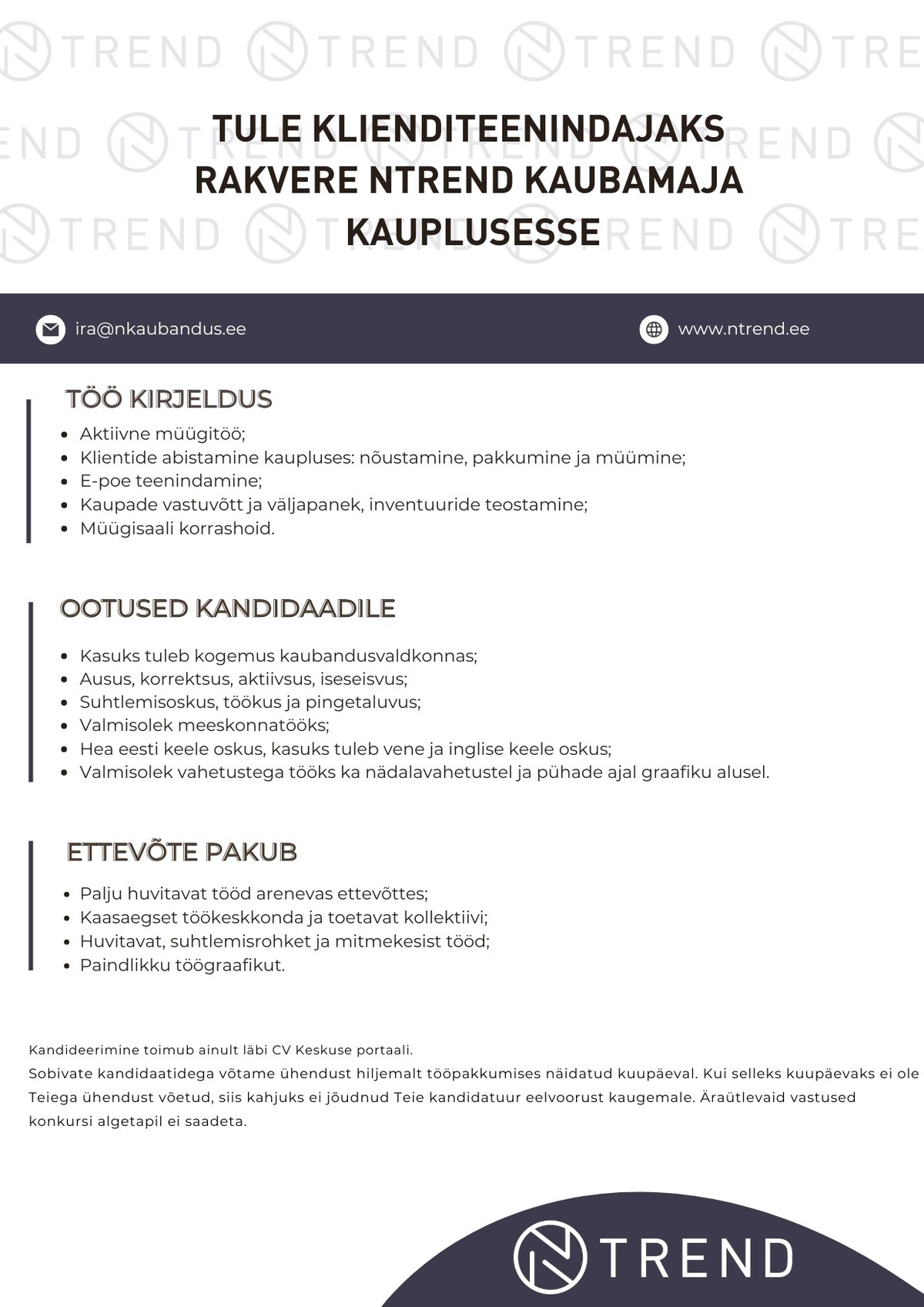 N-KAUBANDUS OÜ Tule klienditeenindajaks Rakvere NTrend Kaubamaja kauplusesse