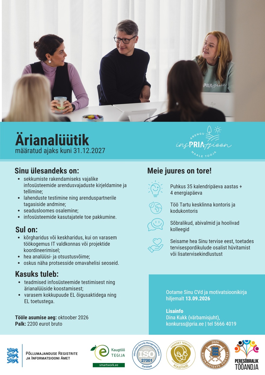 Põllumajanduse Registrite ja Informatsiooni Amet Ärianalüütik