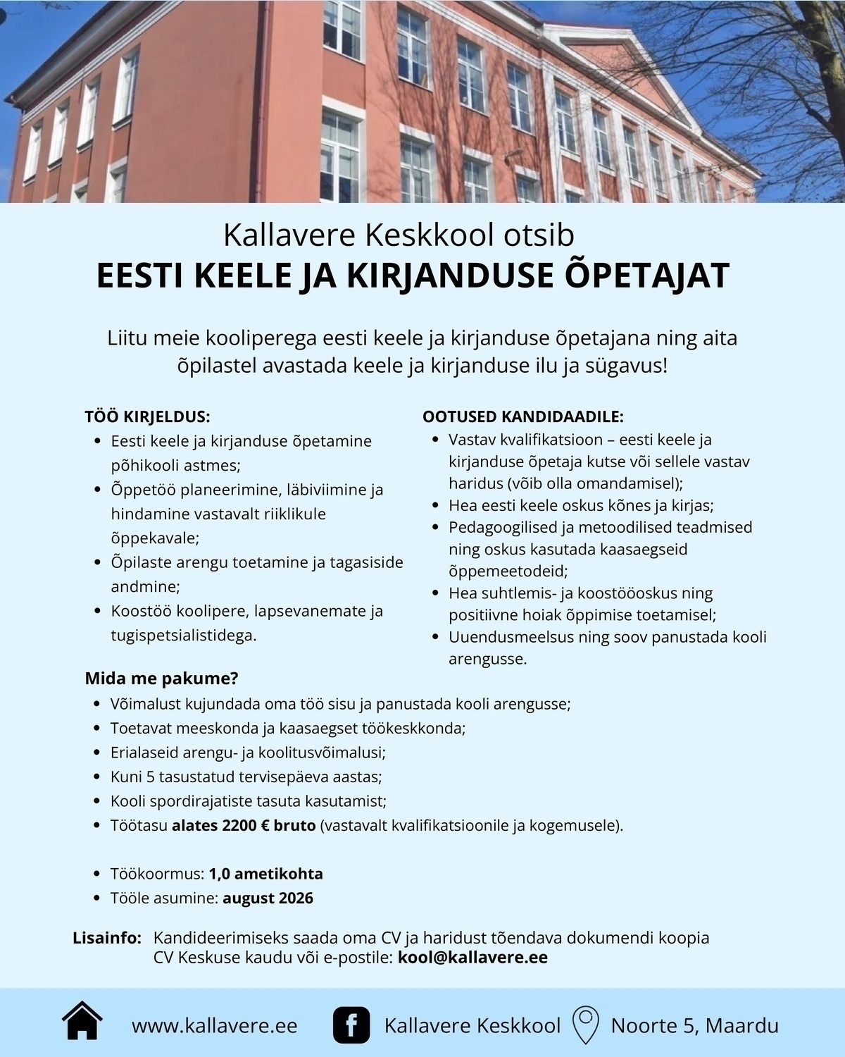 Kallavere Keskkool Eesti keele ja kirjanduse õpetaja