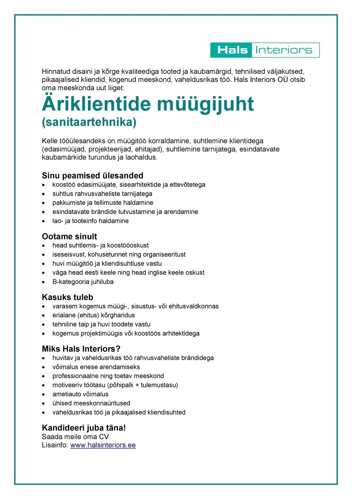 HALS INTERIORS OÜ Äriklientide müügijuht (sanitaartehnika)