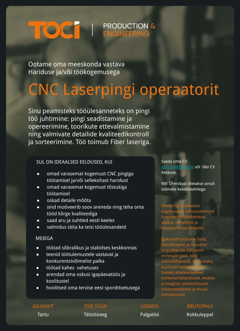 TOCI OÜ CNC laserpingi operaator