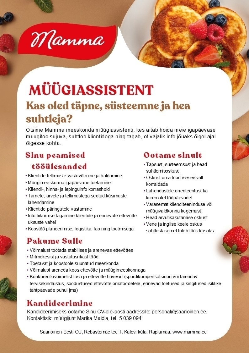 Saarioinen Eesti OÜ Müügiassistent