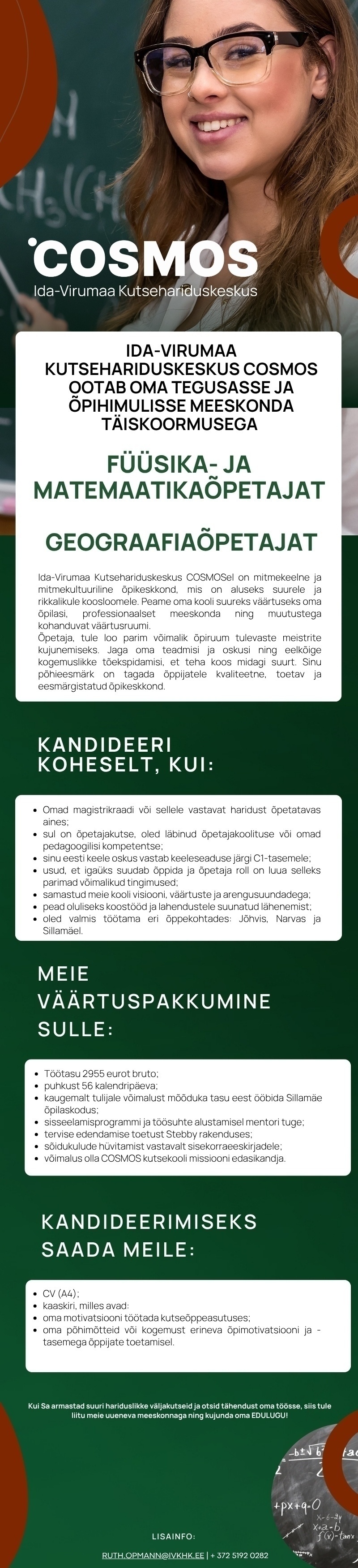 Ida-Virumaa Kutsehariduskeskus Matemaatika- ja füüsikaõpetaja, Ida-Virumaa Kutsehariduskeskus COSMOS ootab Sind oma laevale!