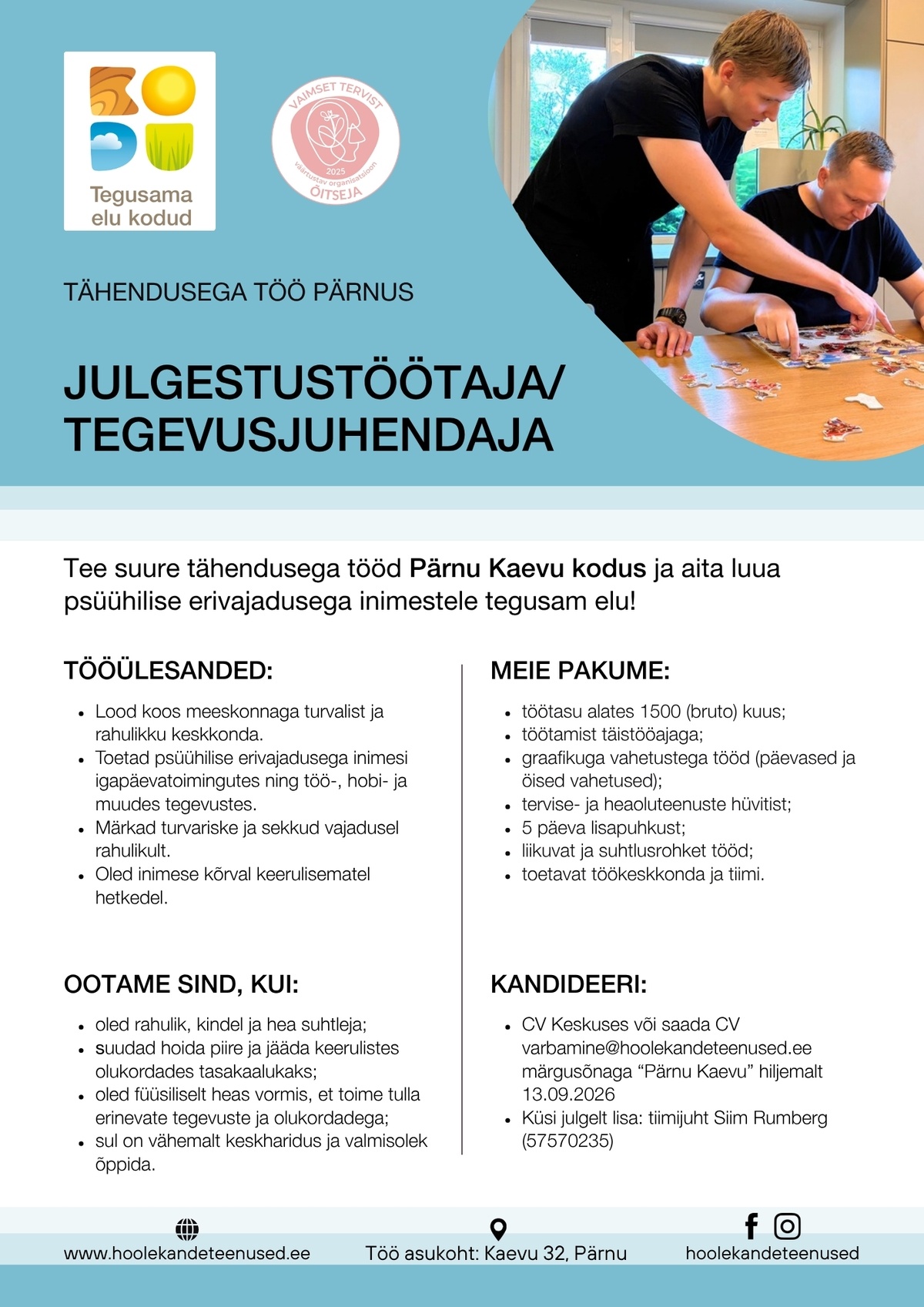 HOOLEKANDETEENUSED AS Julgestustöötaja/tegevusjuhendaja Pärnus