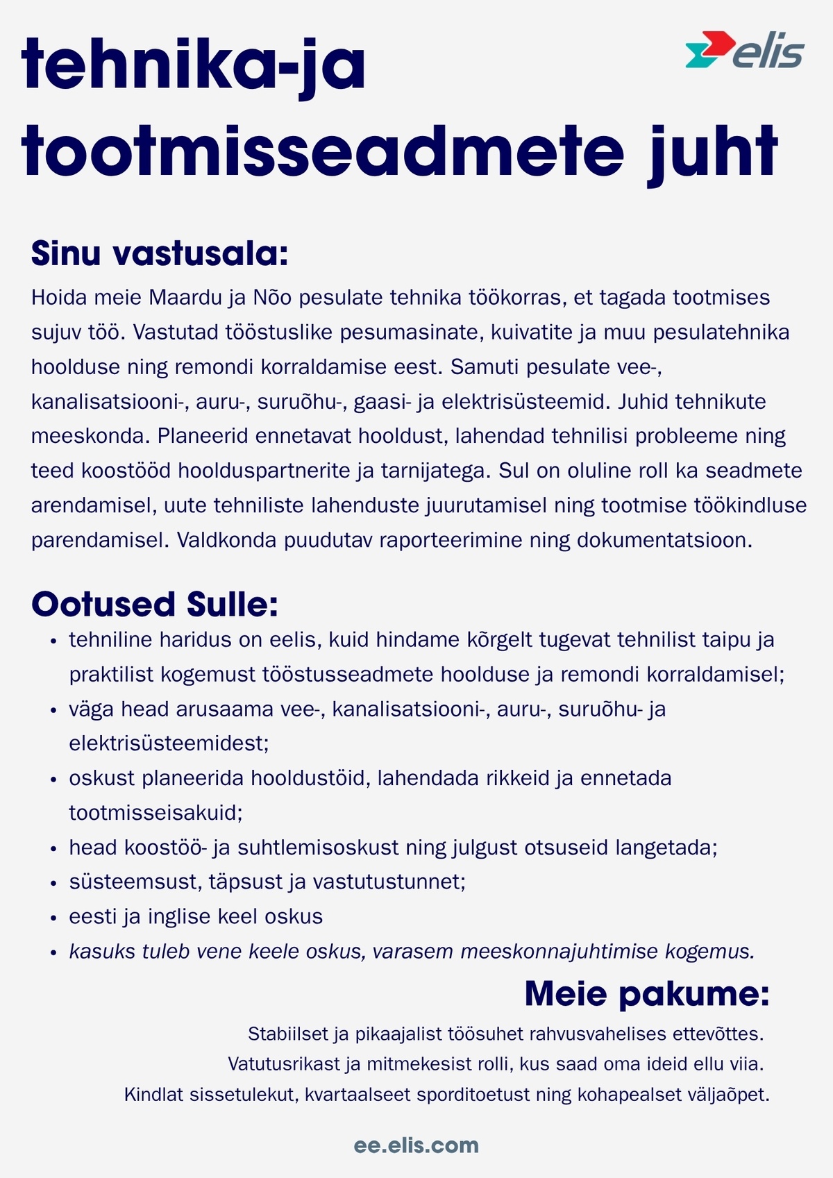 Elis Textile Service AS Tehnika- ja tootmisseadmete juht