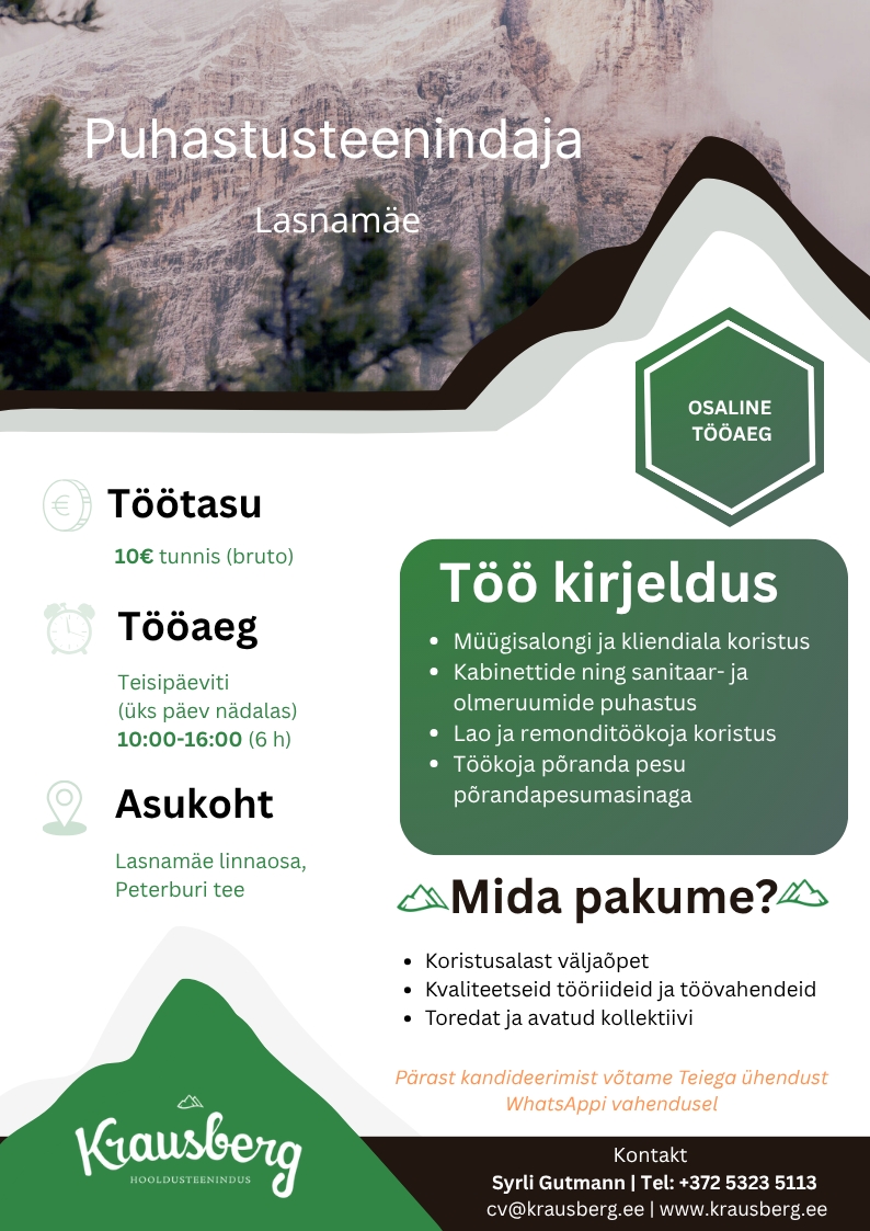 Krausberg Eesti OÜ Puhastusteenindaja, Lasnamäe (päevane, osaline)