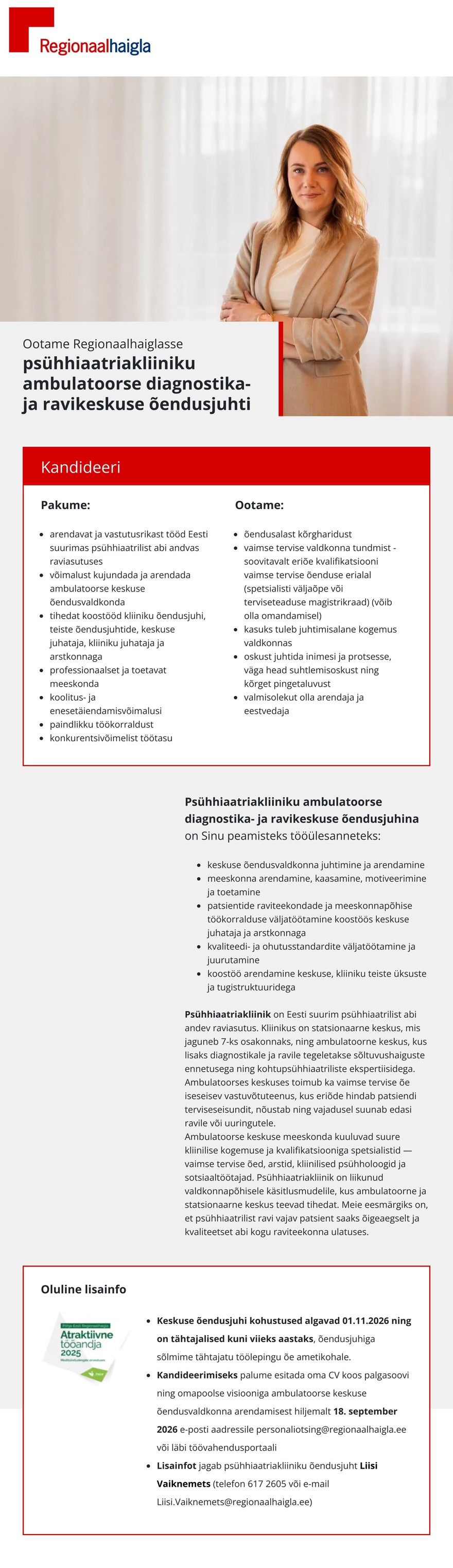 Põhja-Eesti Regionaalhaigla Õendusjuht psühhiaatriakliiniku ambulatoorse diagnostika- ja ravikeskusesse