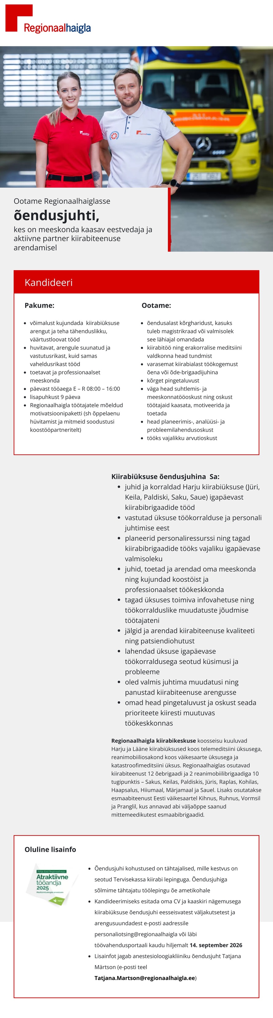 Põhja-Eesti Regionaalhaigla Õendusjuht Harju kiirabiüksusesse