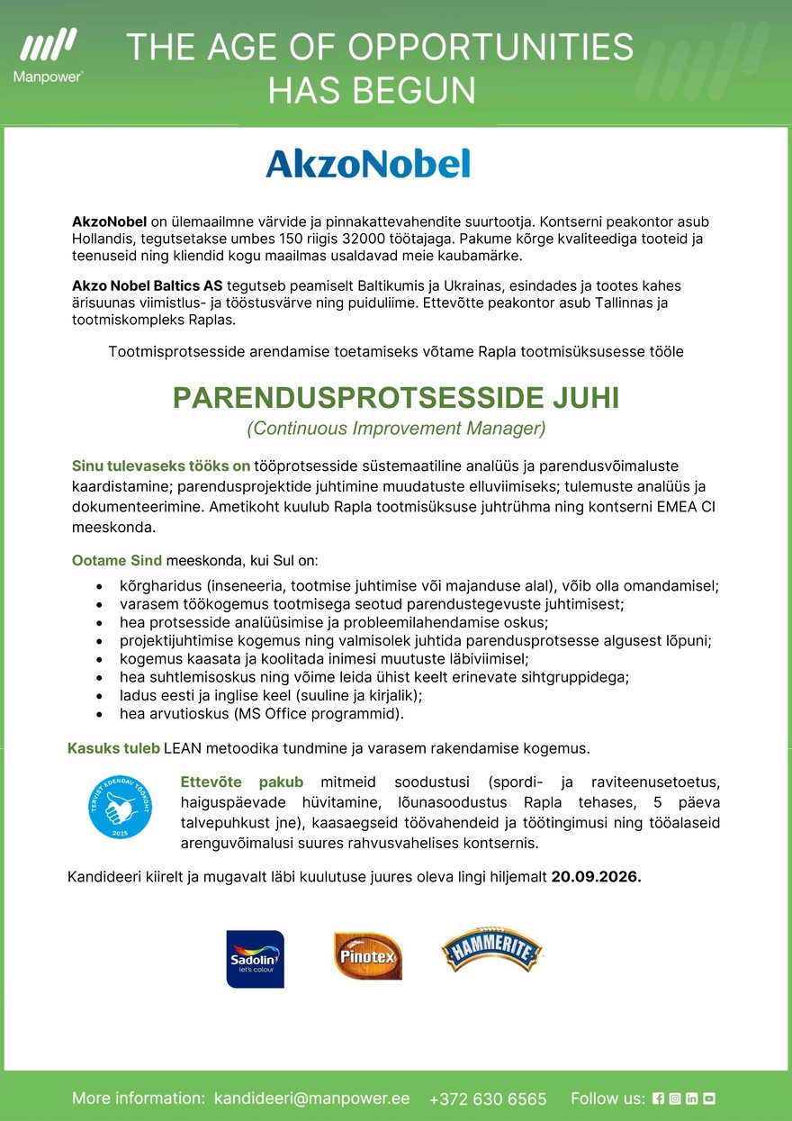 Manpower OÜ PARENDUSPROTSESSIDE JUHT