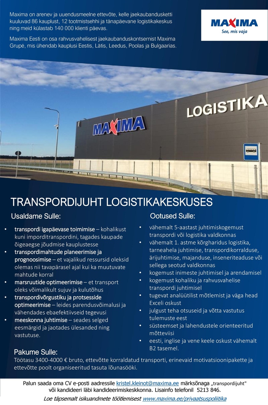 Maxima Eesti OÜ Transpordijuht Maxima logistikakeskuses