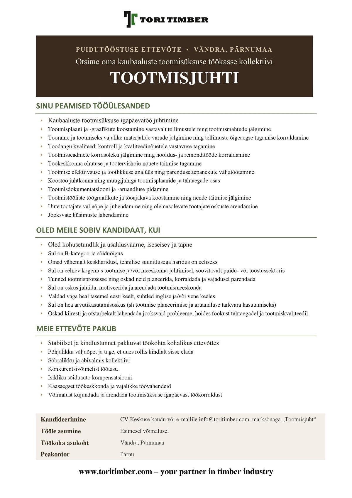 Tori Timber OÜ TOOTMISJUHT