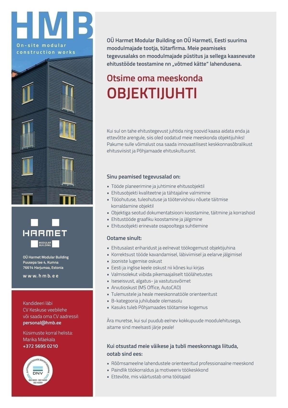 Harmet Modular Building OÜ Objektijuht