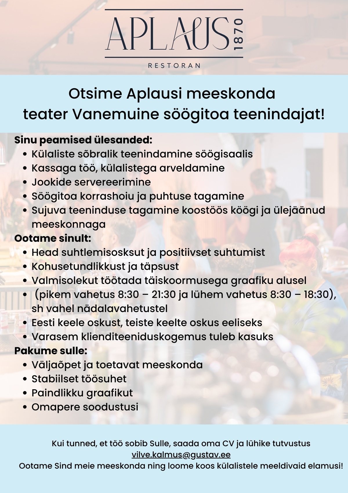 GUSTAV CAFE OÜ Teater Vanemuine Söögitoa teenindaja