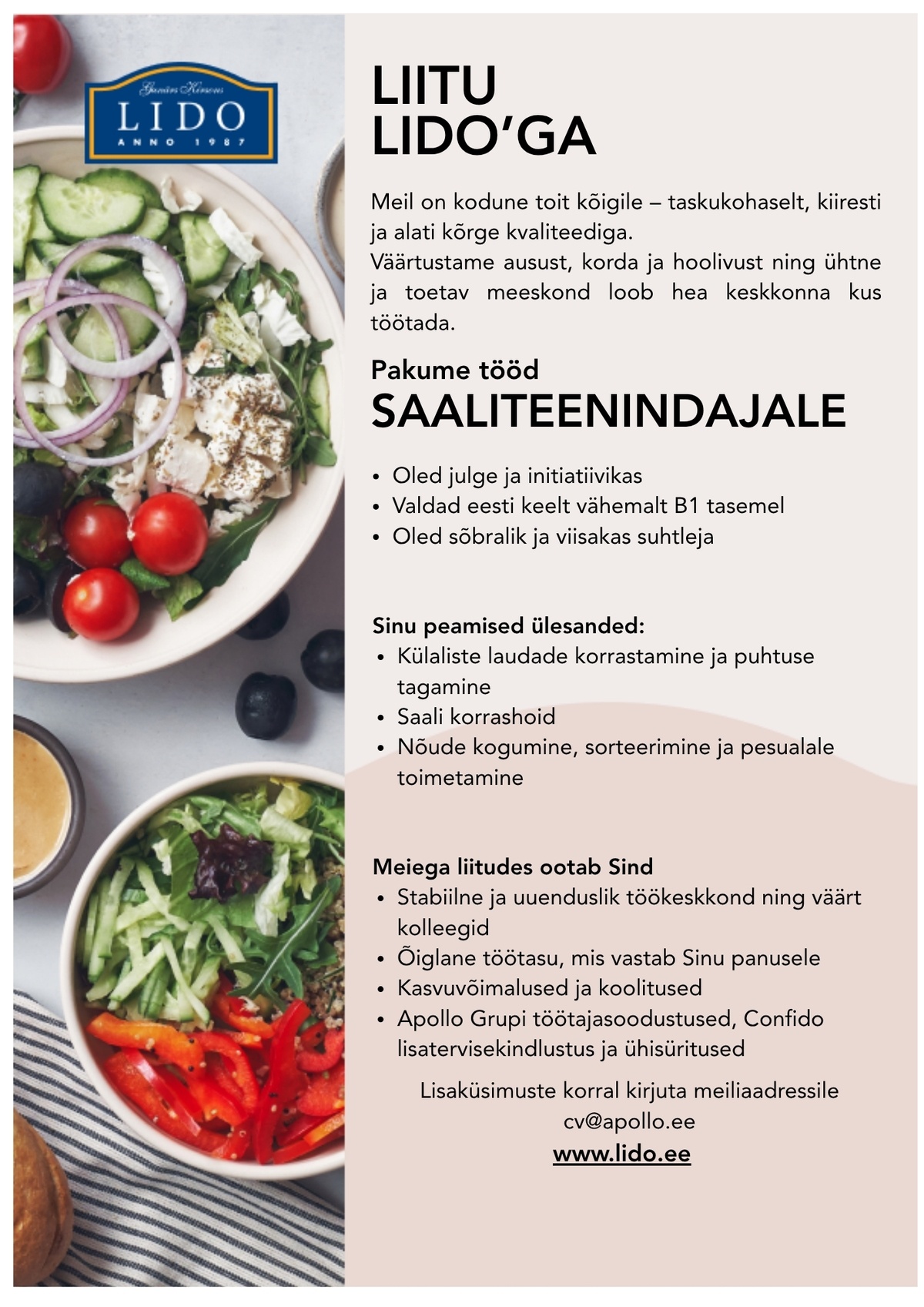 Lido Eesti OÜ LIDO Kristiine otsib oma tiimi 0.75 koormusega saaliteenindajat!