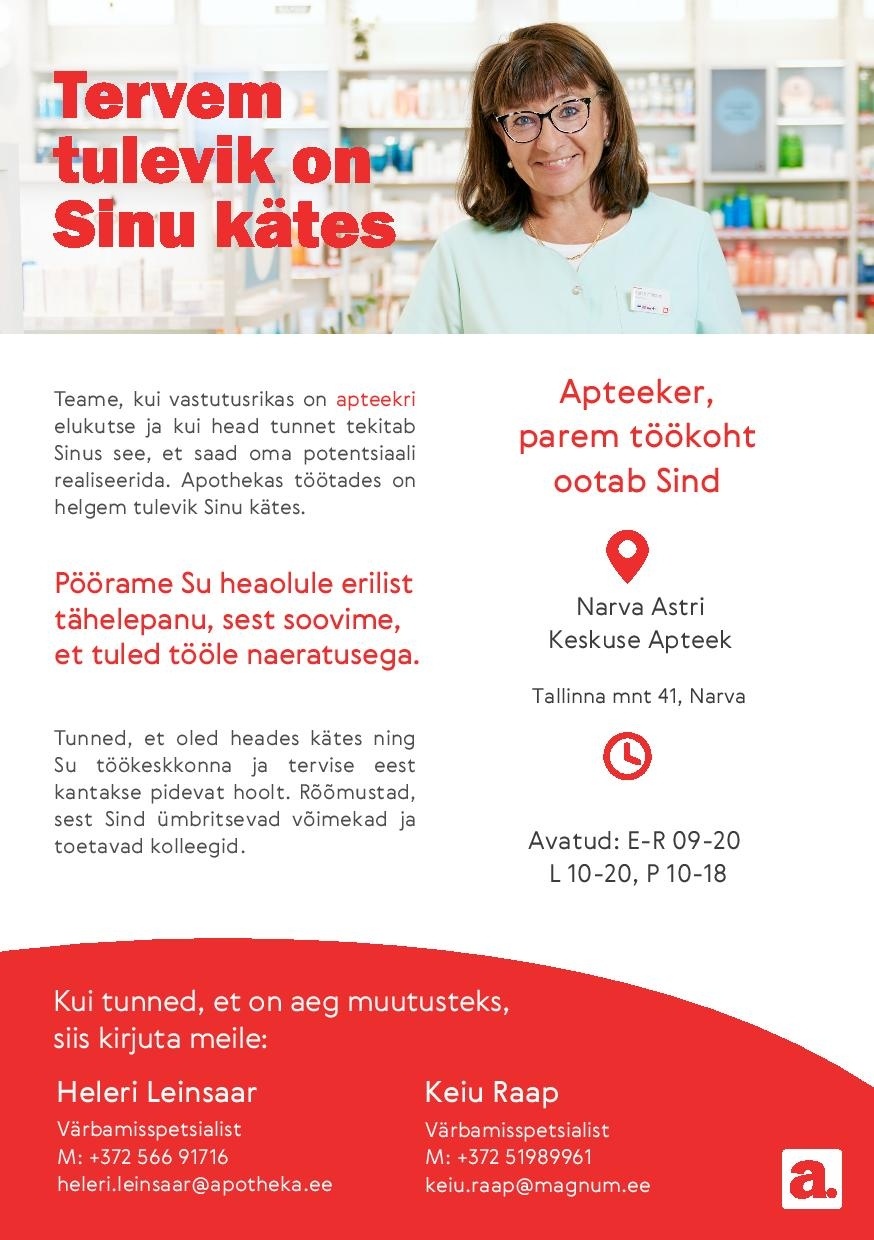 Apotheka Proviisor või farmatseut Narva Astri Keskuse Apteeki