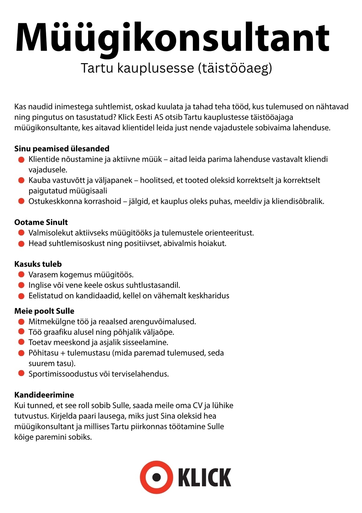 Klick Eesti AS Müügikonsultant