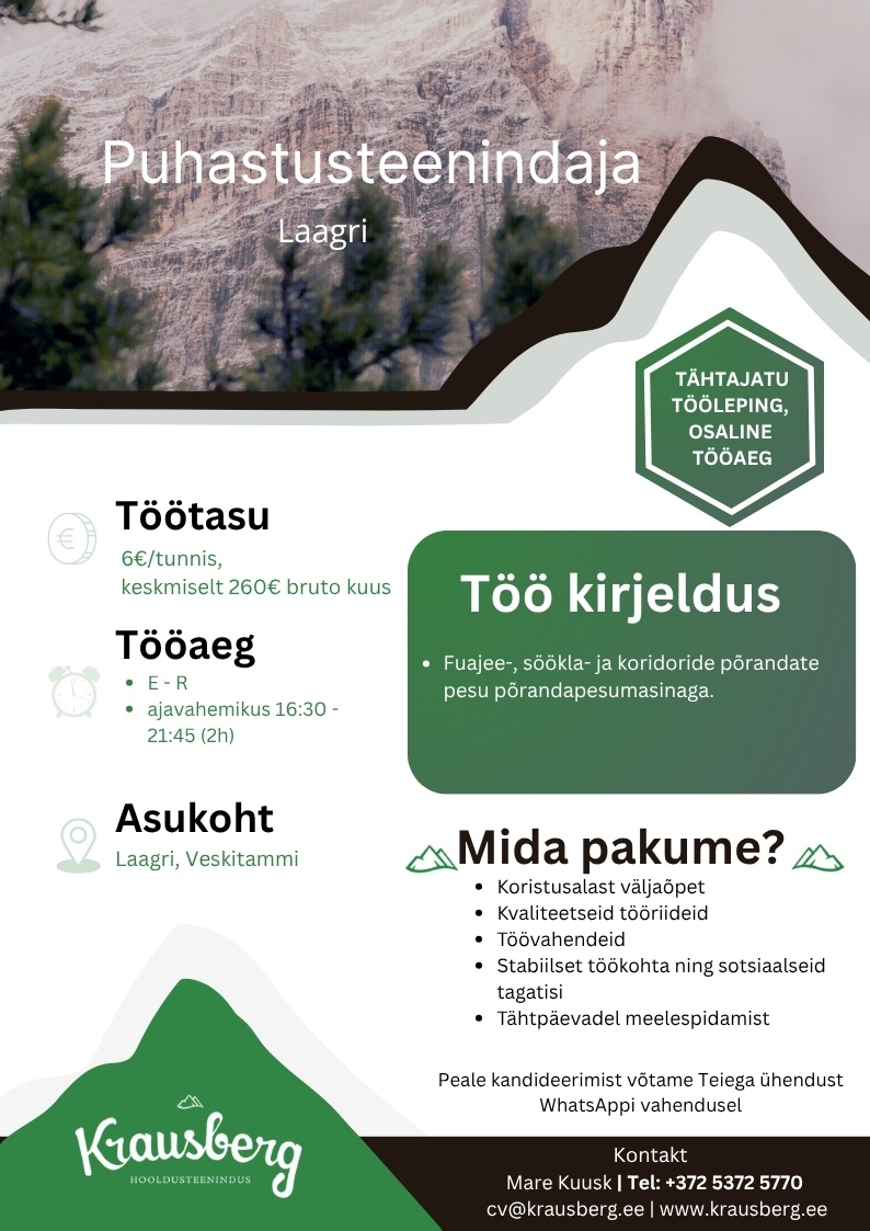 Krausberg Eesti OÜ Puhastusteenindaja-masinist Saue (õhtune, osaline tööaeg)
