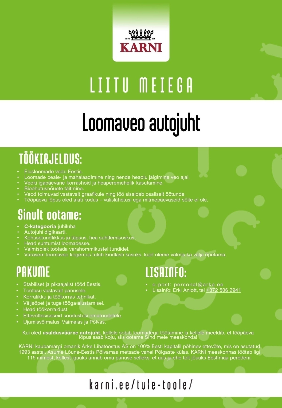 Arke Lihatööstus AS Loomaveo autojuht
