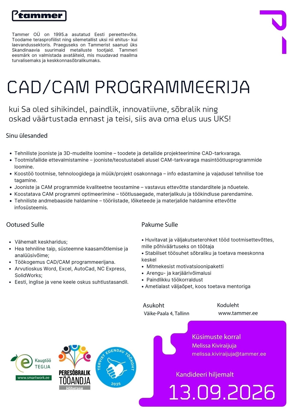 Tammer OÜ CAD/CAM programmeerija