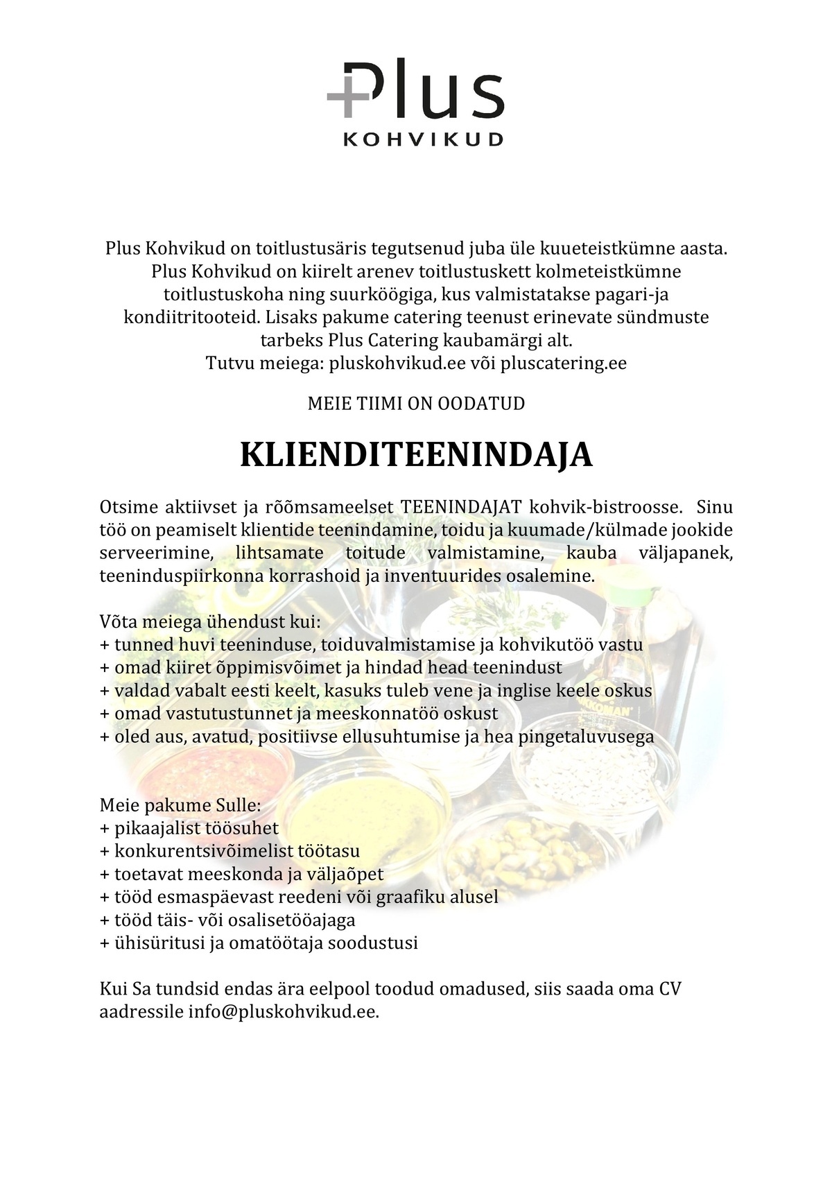 Plus Kohvikud OÜ Toitlustusteenindaja