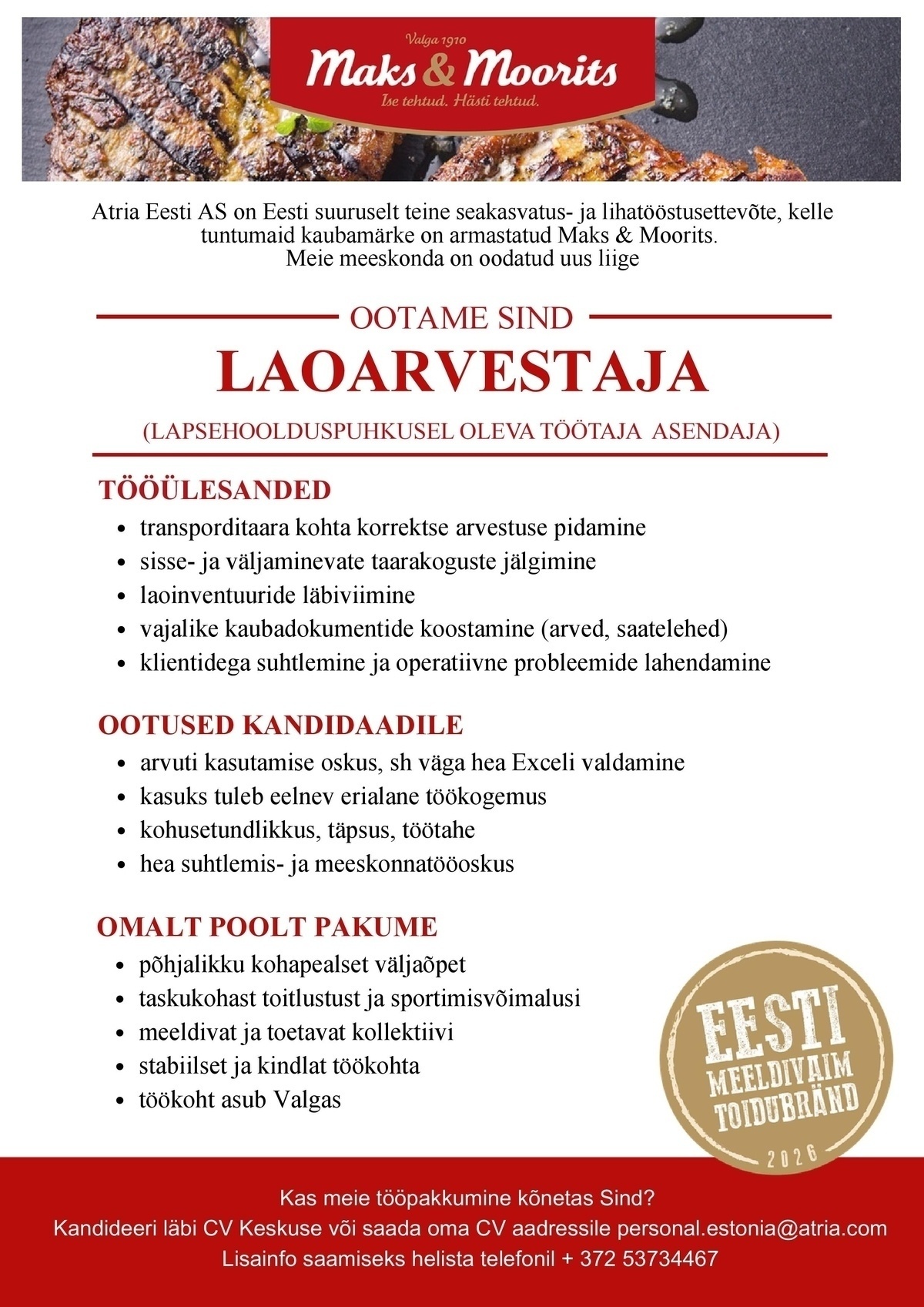 Atria Eesti AS Laoarvestaja (tähtajaline tööleping)