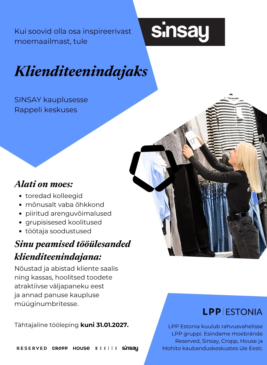 LPP Estonia OÜ Klienditeenindaja SINSAY kauplusesse Rappeli keskuses! (osaline koormus)