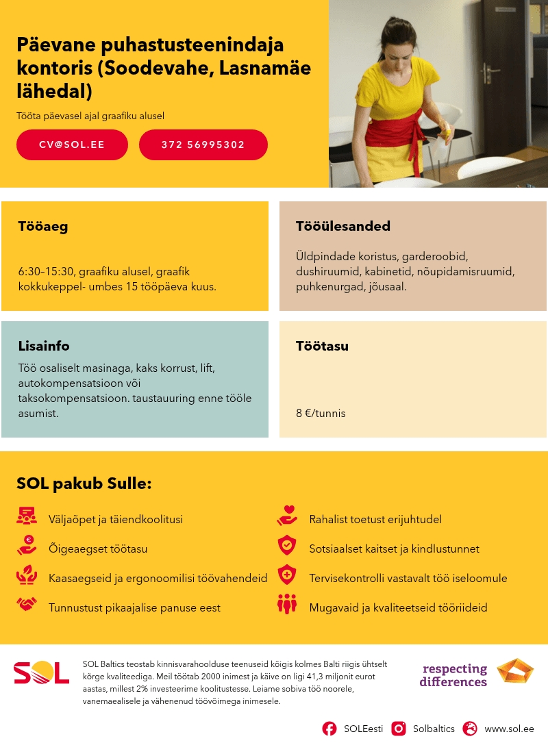 SOL Baltics OÜ Päevane puhastusteenindaja kontoris (Soodevahe, Lasnamäe lähedal)