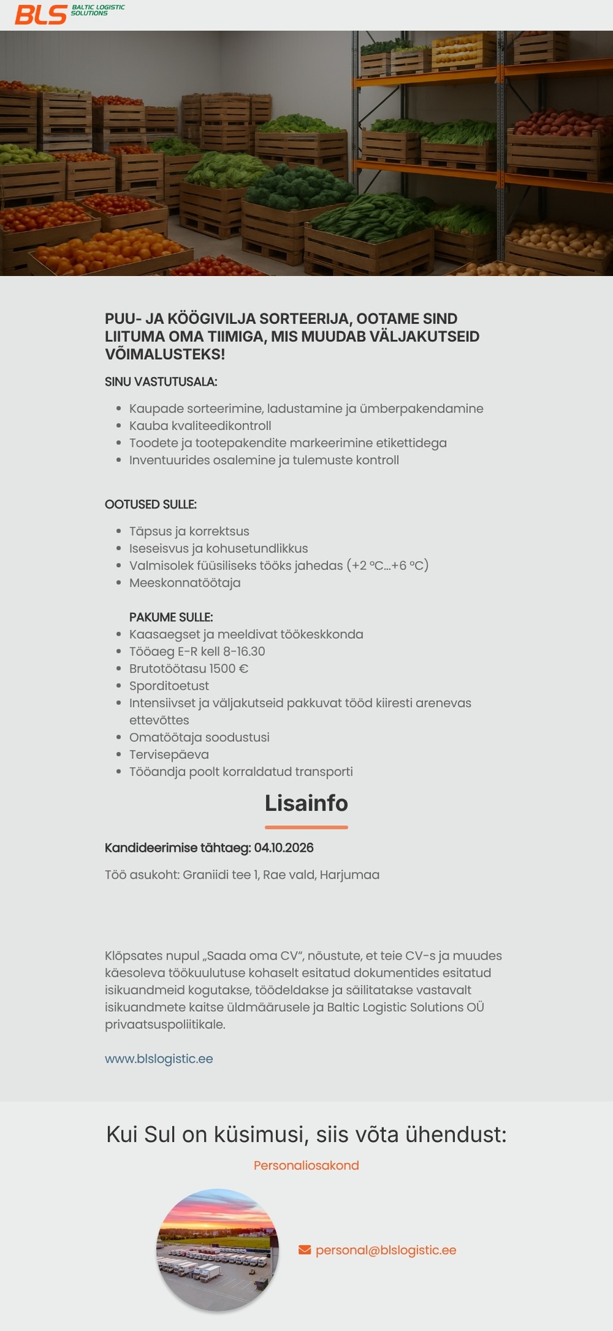 Baltic Logistic Solutions OÜ Puu- ja köögiviljde sorteerija