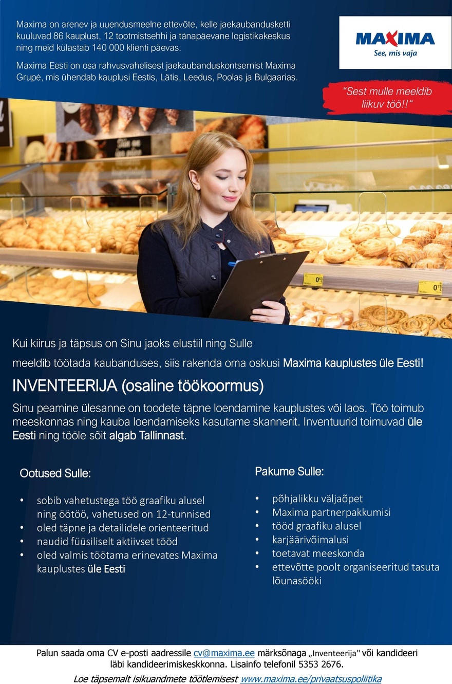 Maxima Eesti OÜ Inventeerija - öised vahetused (osaline töökoormus)